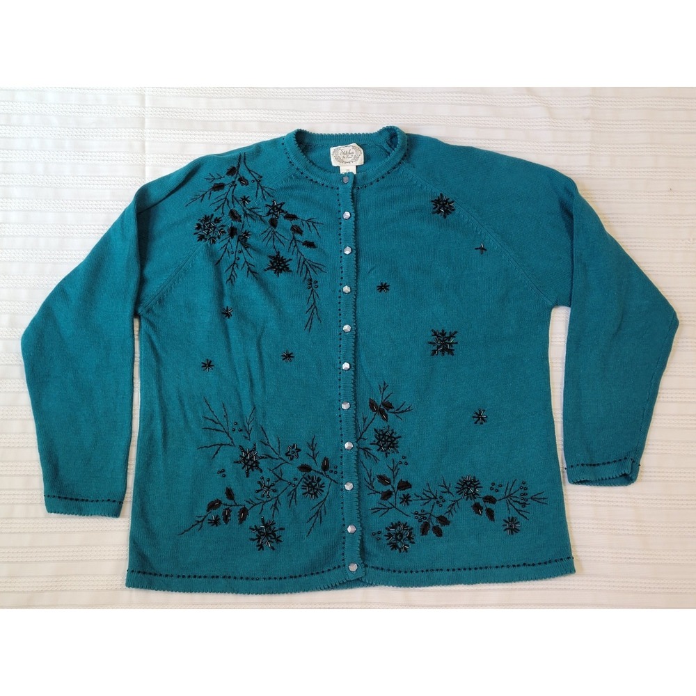 Stitches In Time‎ Cardigan Sweater 2X Dark Turquiose Black Embellished Holiday